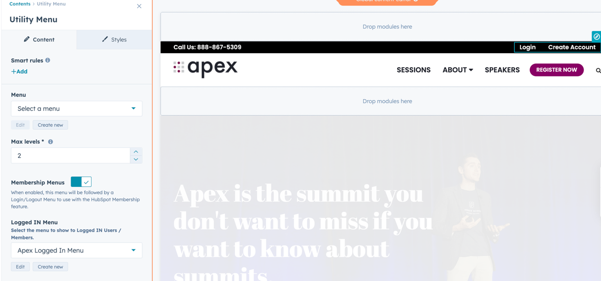 Apex theme utility bar and membership options
